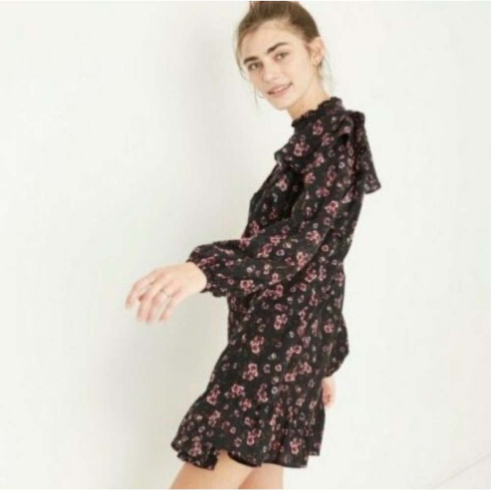 Wild Fable‎ Floral Ruffle Mini Dress Black Pink Mock Neck Long Sleeve Small